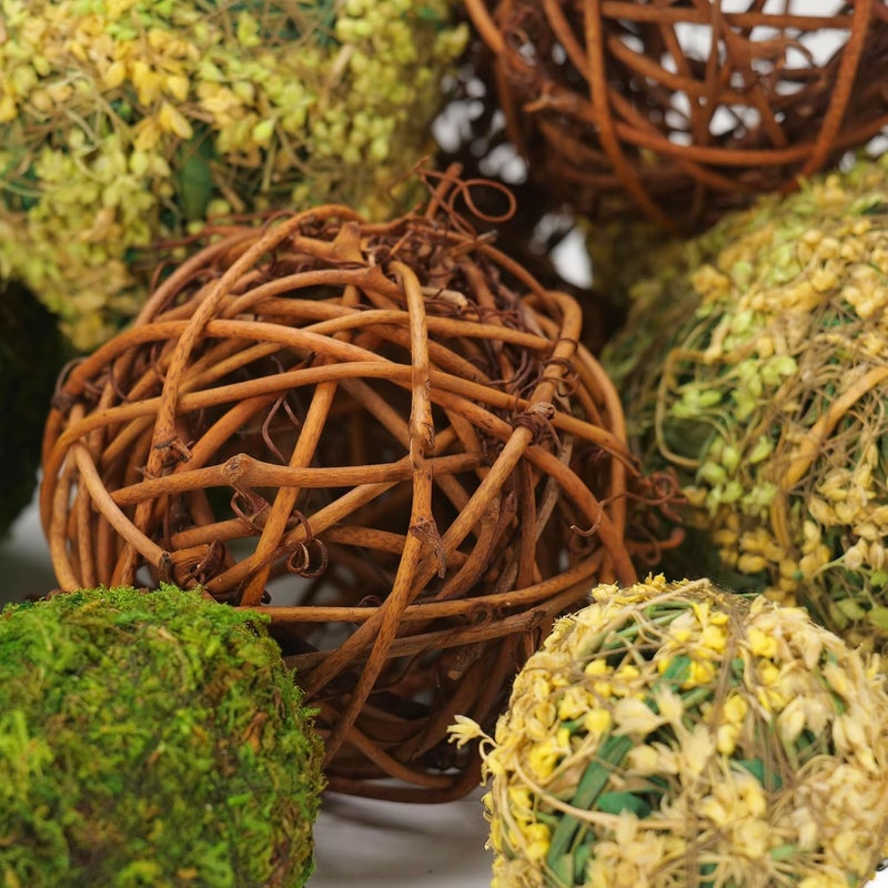 BYHER Decorative Balls for Centerpiece Bowls, 18pcs Fake Moss Balls + Wicker Rattan Balls Set Vase Bowl Filler for Home Garden Wedding Party Decor (Fresh Green + Rustic Brown) - Image 3
